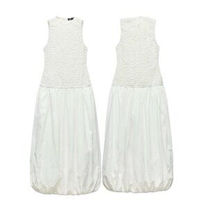 ZARA Textured Cotton-Poplin Sleeveless Balloon Hem Midi Dress (Oyster White)